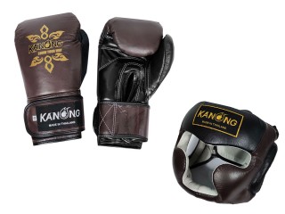 Kanong Boxhandschuhe + Boxkopfschutz aus Rindsleder : Schwarz/Braun